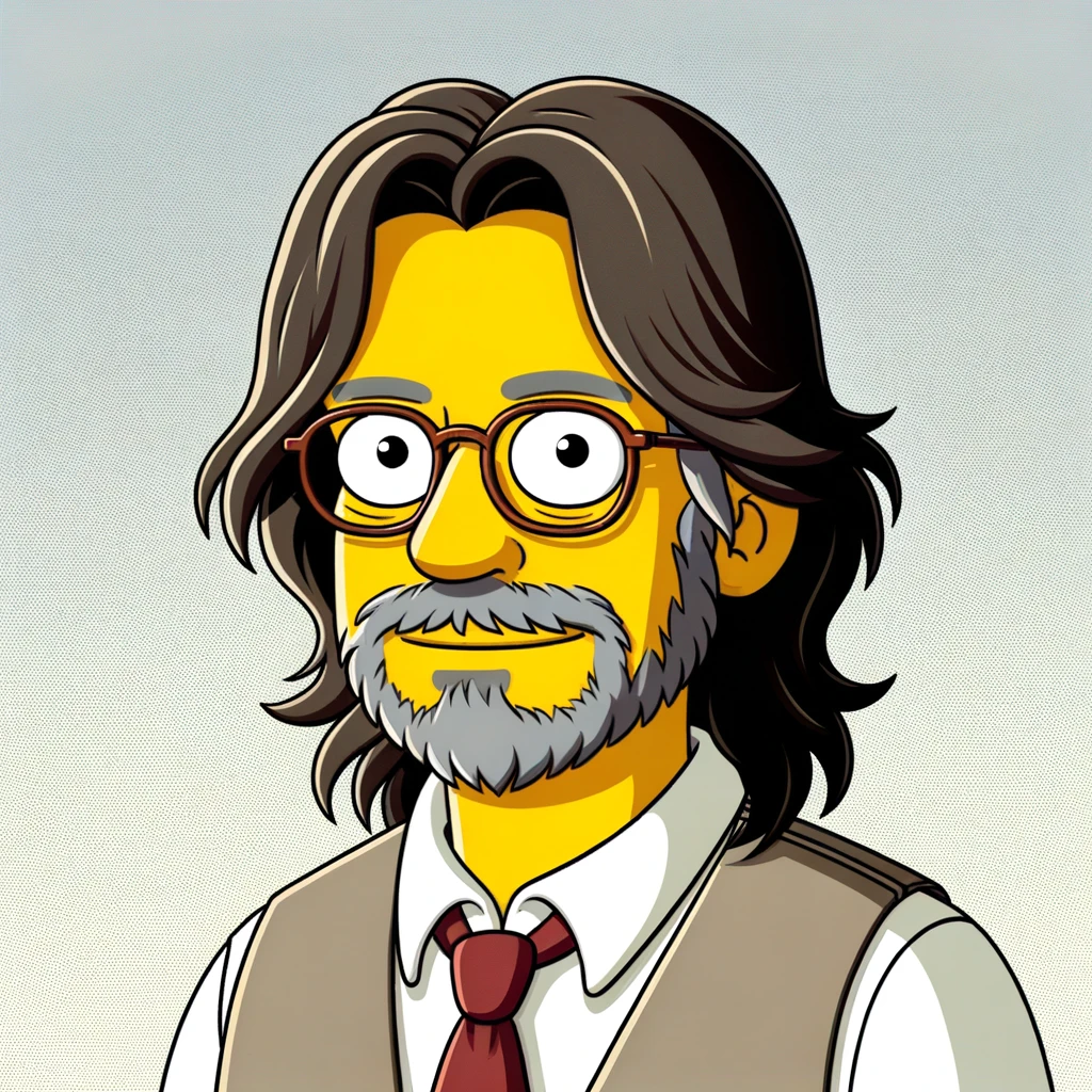 Illustration eines Mannes mit langem Haar, Brille und Bart